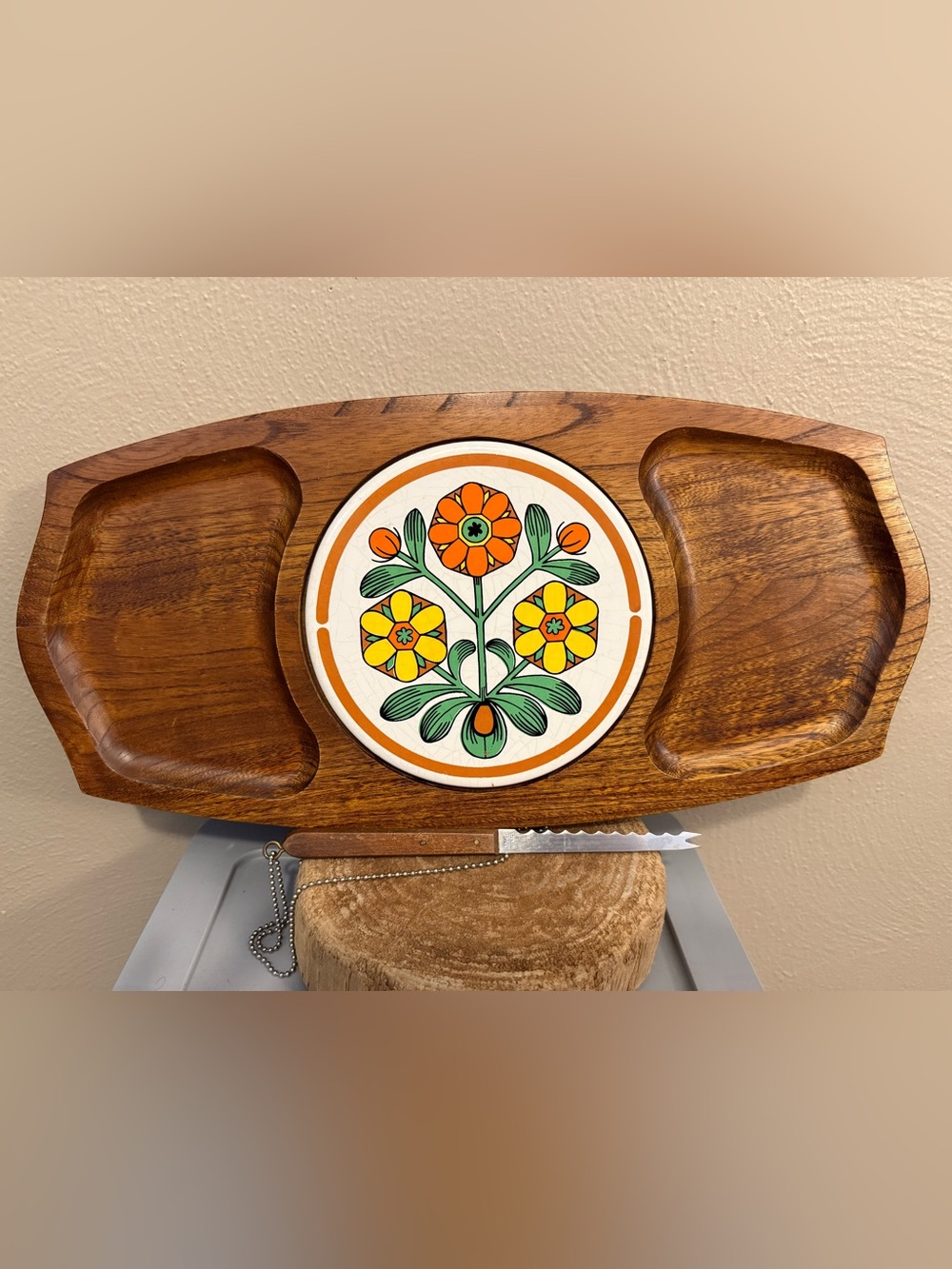 Vintage Himark 1970s Floral MCM Japan Made Wooden Serving Try with Knife